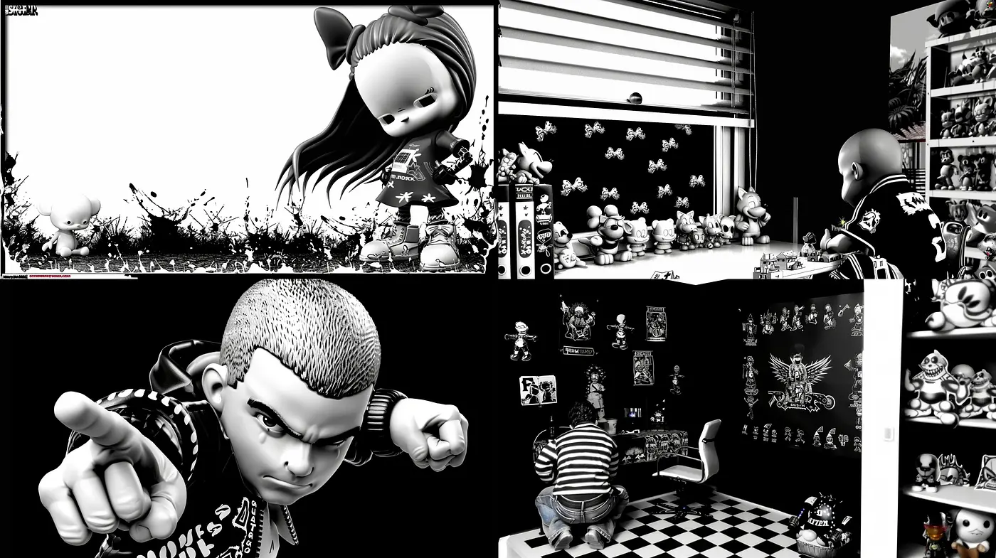 Monochromatic Toybox Dreamscape: Exploring Nostalgia and Whimsy in Shades of Gray - Midjourney sref style