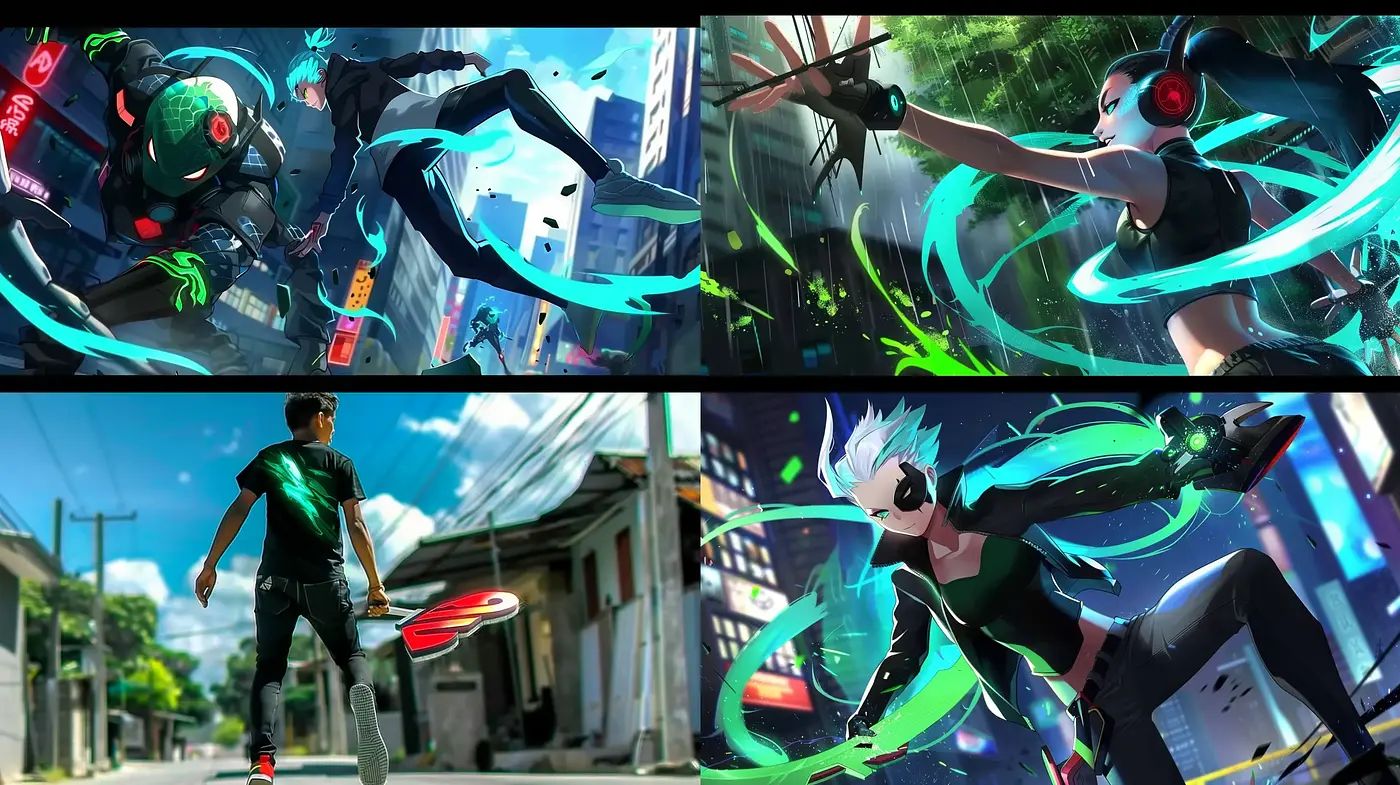 Dynamic Cyberpunk Action with Neon Highlights and Fluid Motion - Midjourney sref style
