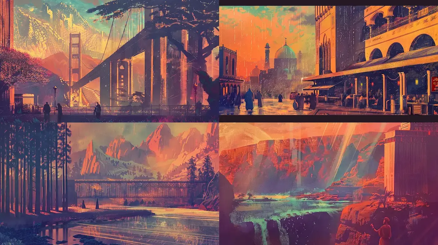 Cinematic Neo-Futuristic Landscapes with Dreamlike Elements - Midjourney sref style
