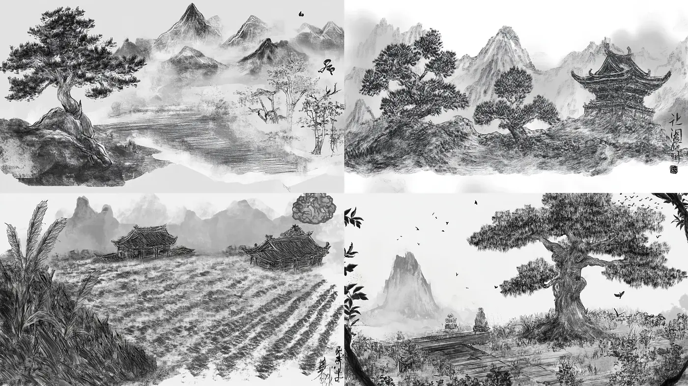 Monochrome Ink Wash Landscapes Evoking Traditional East Asian Artistry - Midjourney sref style