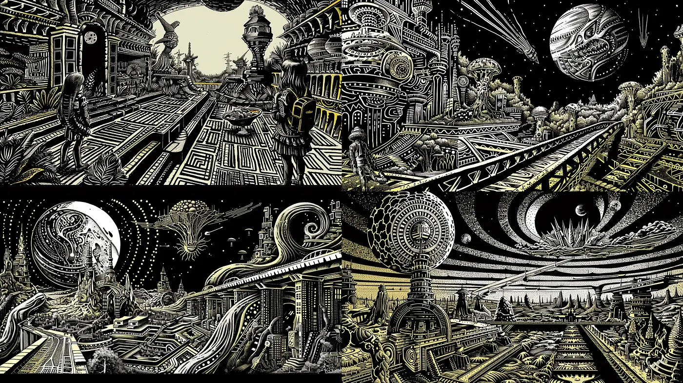 Futuristic Noir Etchings in Monochromatic Vision - Midjourney sref style