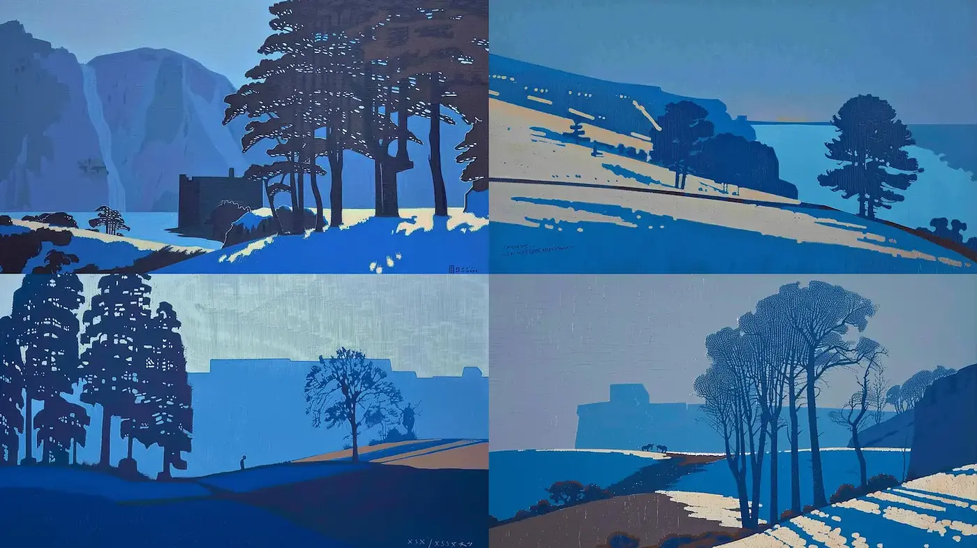 Harmonious Blue Landscapes with Minimalist Composition - Midjourney sref style