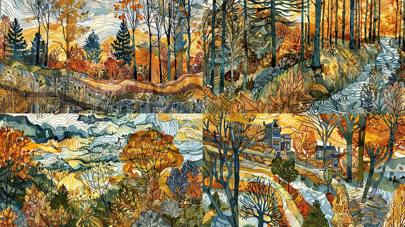 Intricate Nature Scene in a Rich Autumn Palette with Fluid Texturing - Midjourney sref style