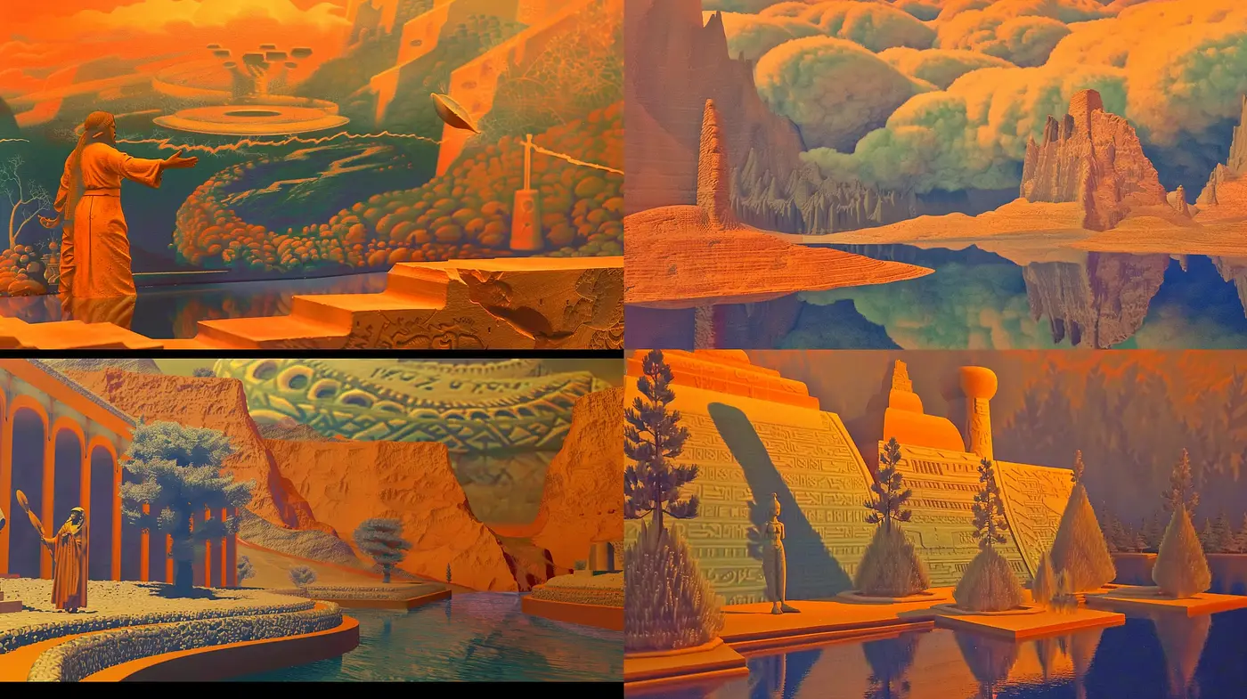 Ethereal Dreamscapes with Surrealist Overtones in a Warm Palette - Midjourney sref style
