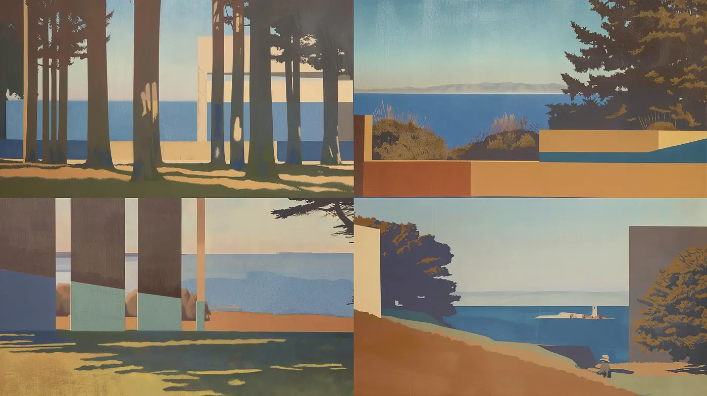 Contemplative Coastal Serenity in Stylized Earth Tones - Midjourney sref style