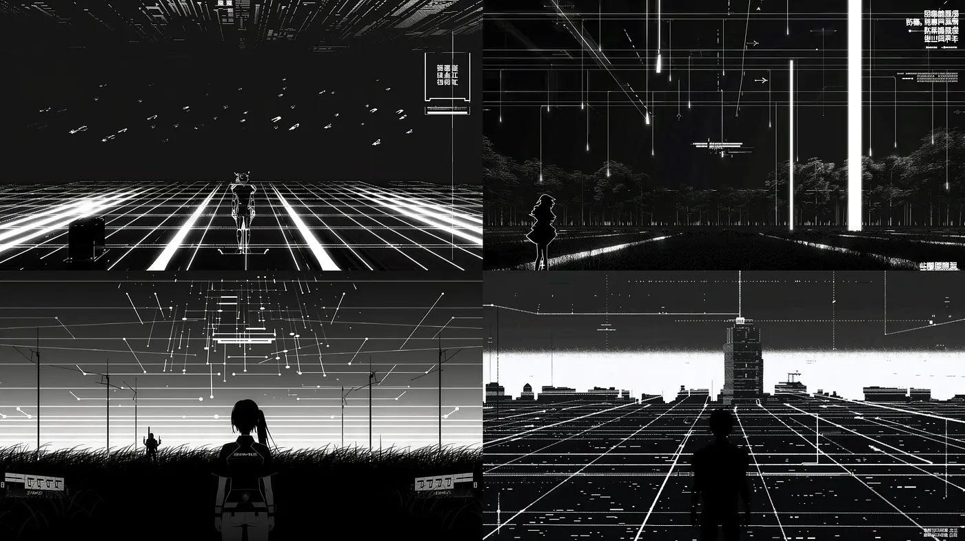 Monochromatic Cyberpunk Dreamscape: A Study in Contrasts and Future Noir - Midjourney sref style