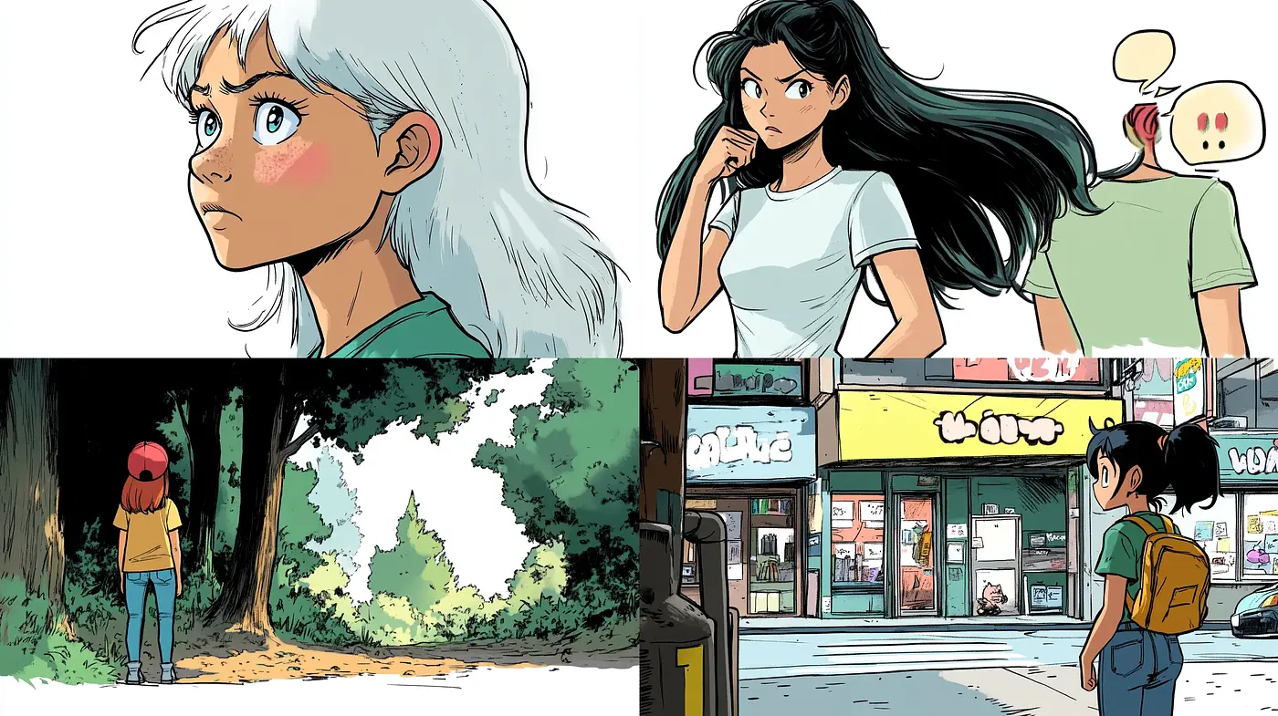 Consistent Hues of Nature and Urbanity in a Manga-Inspired Illustrative Style - Midjourney sref style