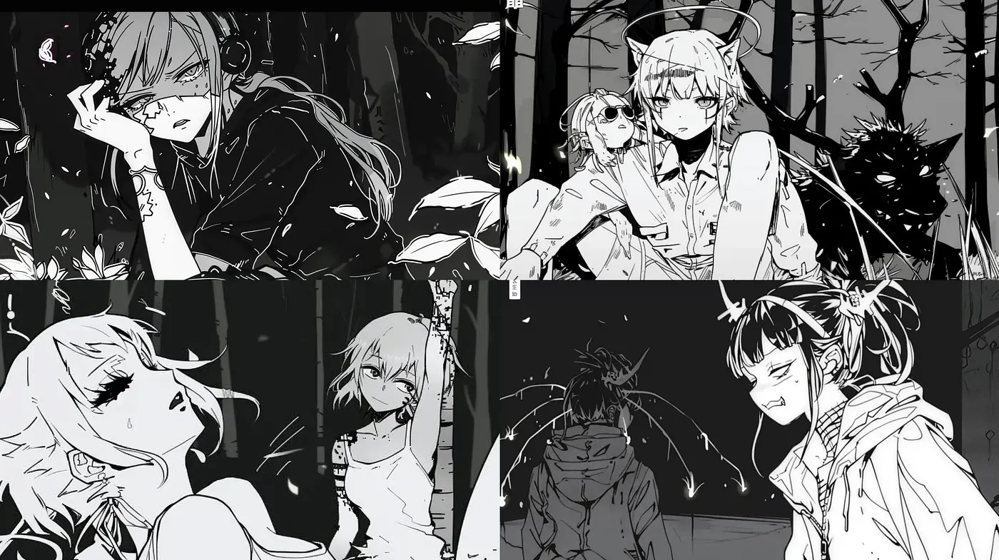 Monochromatic Melancholy: A Stylized Anime-Inspired Tale - Midjourney sref style