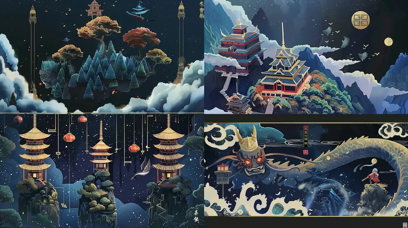 Enchanting Nightscapes with East Asian Inspired Fantasy Elements - Midjourney sref style