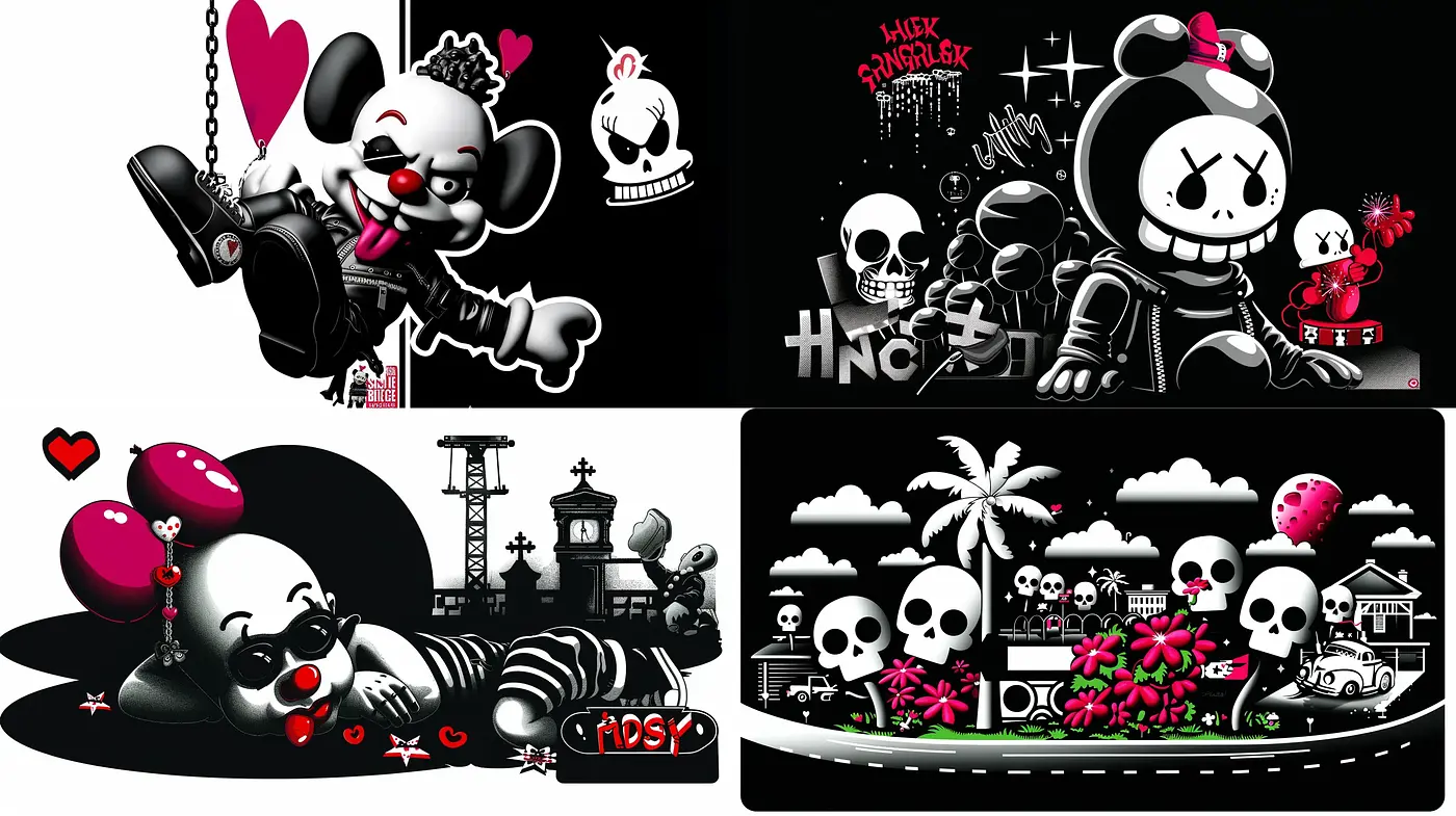 Monochromatic Pop Surrealism with a Playful Edge - Midjourney sref style