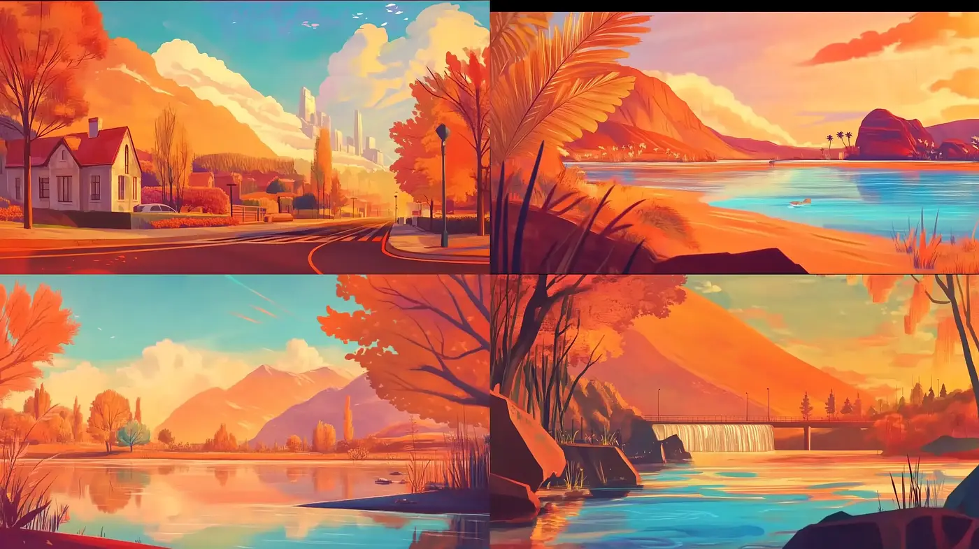 Golden Hour Serenity: A Consistent Warm Vintage Palette Across Diverse Landscapes - Midjourney sref style