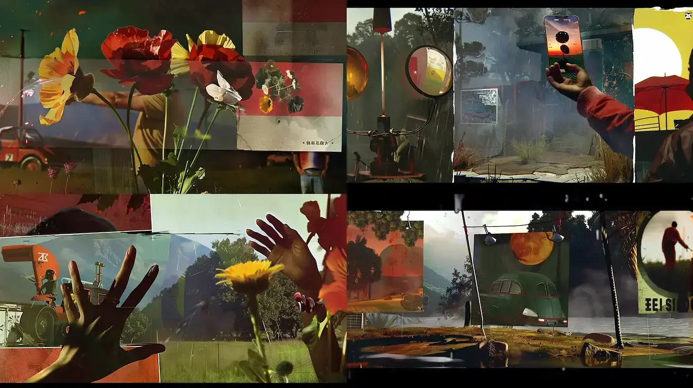 Dynamic and Layered Visual Narrative with a Touch of Surrealism - Midjourney sref style