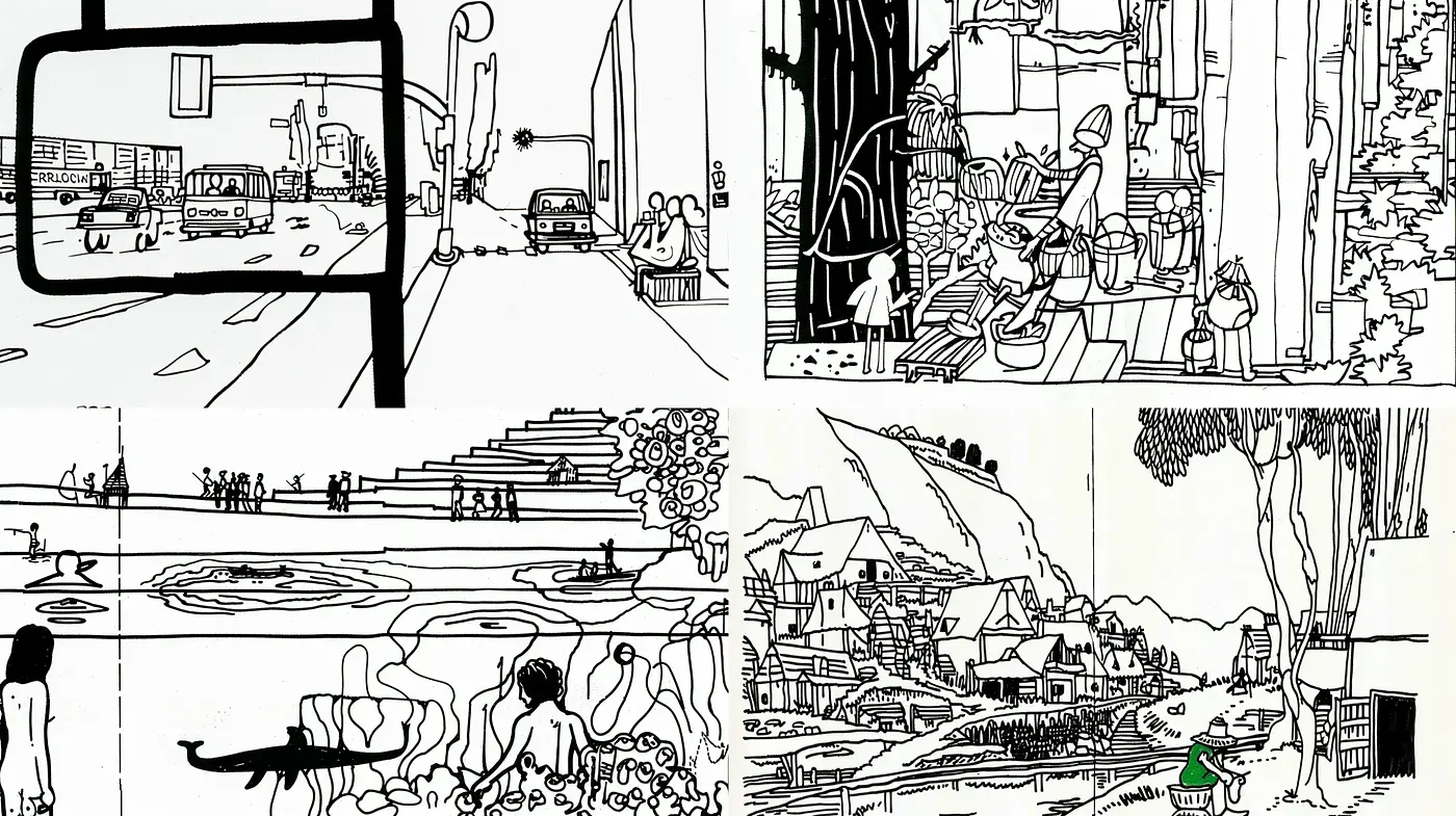 Monochrome Linear Panoramas with a Hint of Serenity and Whimsy - Midjourney sref style