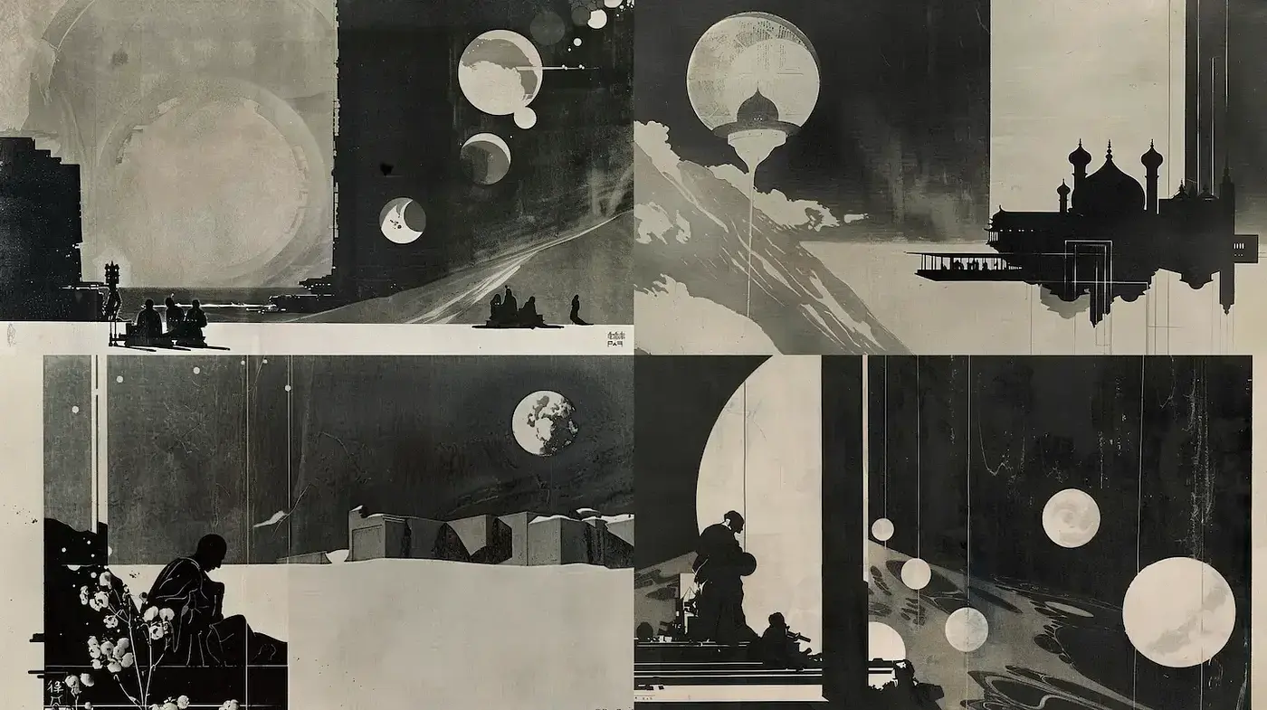 Monochromatic Lunar Silhouettes in Stylized Environments - Midjourney sref style