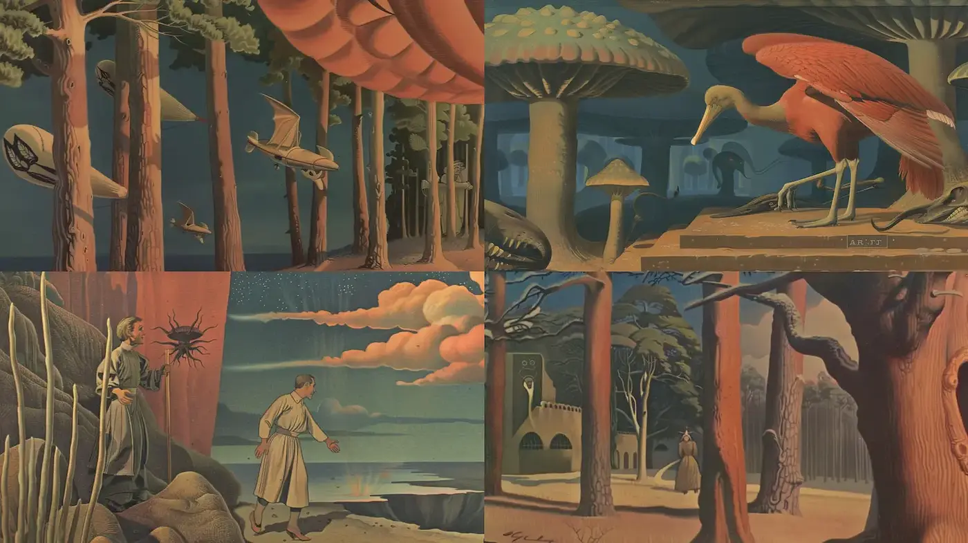 Surreal landscapes with whimsical elements and soft textures - Midjourney sref style