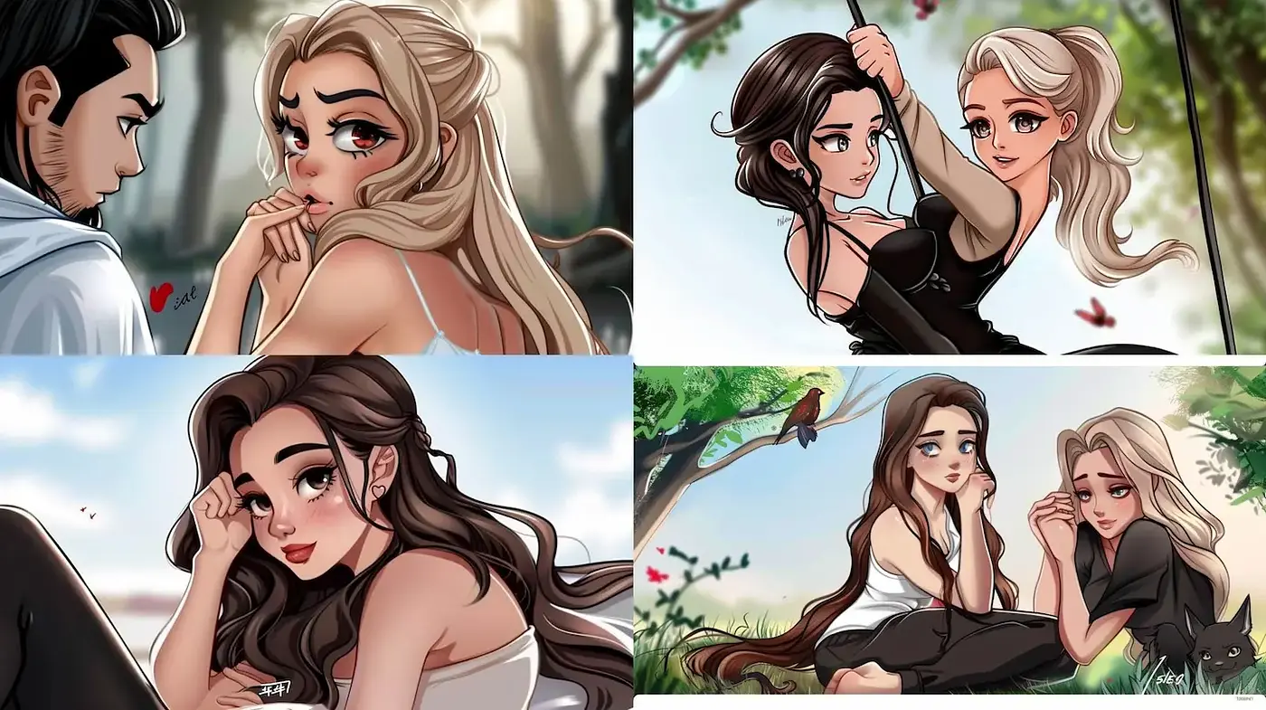 Stylized Illustrations with Diverse Characters in Scenic Settings - Midjourney sref style
