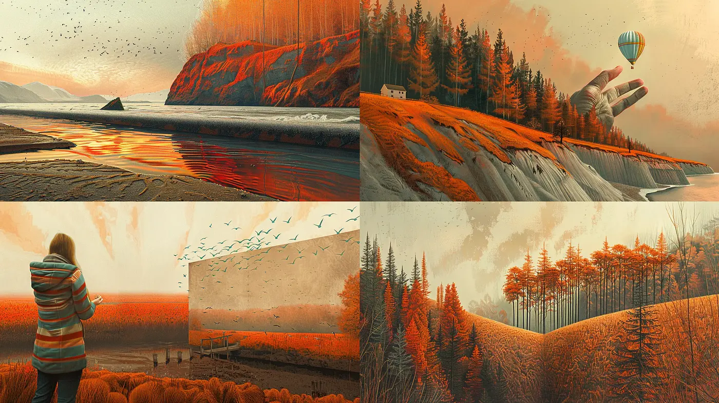 Auburn Autumn Dreamscape in a Serene Surrealist Setting - Midjourney sref style