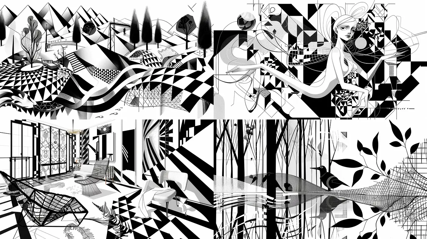 Monochrome Fusion of Geometric Abstraction and Surrealism - Midjourney sref style