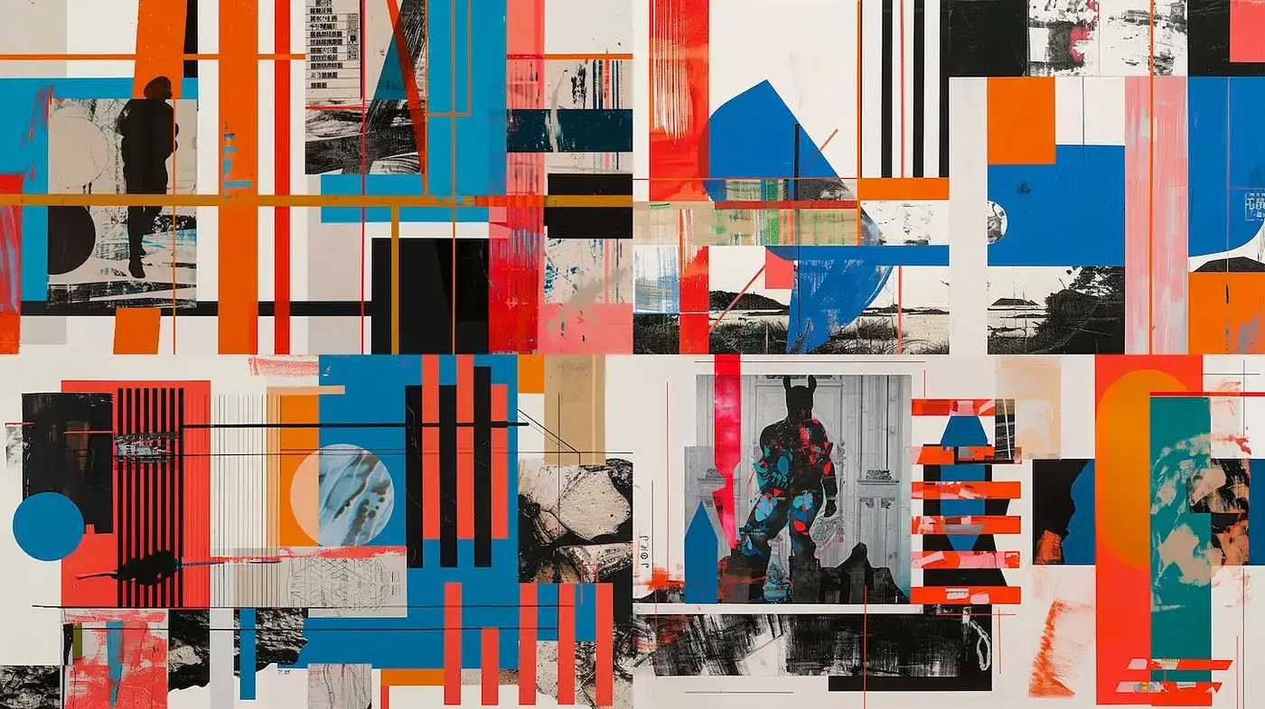 Dynamic Urban Collage with Bold Colors and Graphic Elements - Midjourney sref style