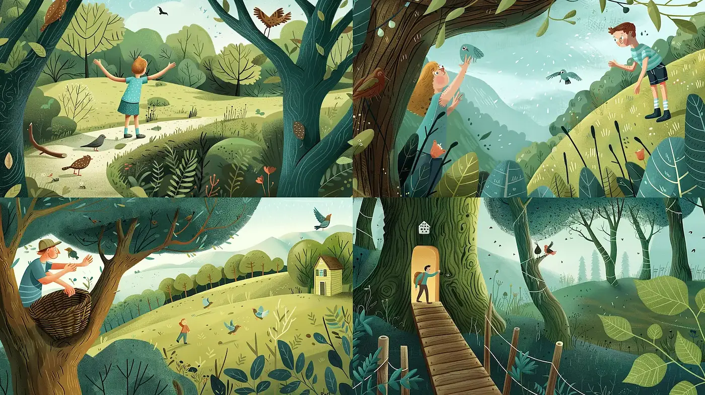 Whimsical Nature Scenes with Playful Characters and Soft Textures - Midjourney sref style