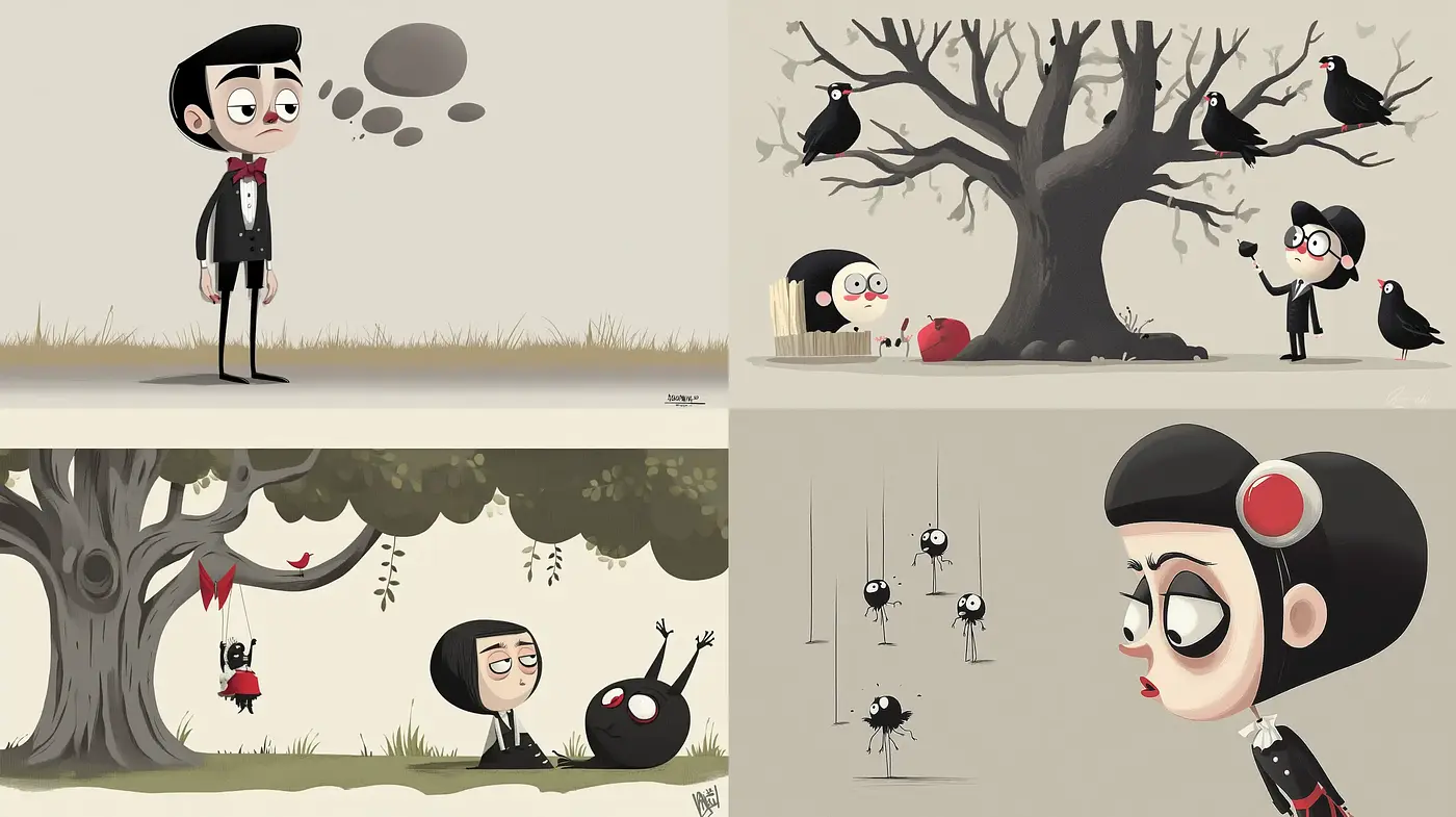 Monochromatic Whimsy: Tim Burtonesque Animated Elegance - Midjourney sref style