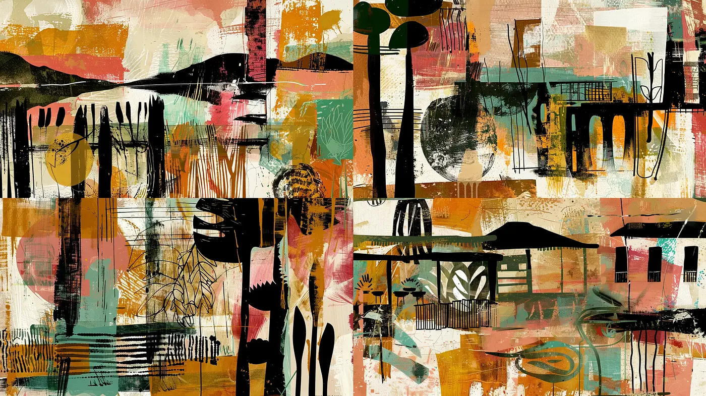 Eclectic Abstract Fusion with Earthy Tones and Expressive Textures - Midjourney sref style