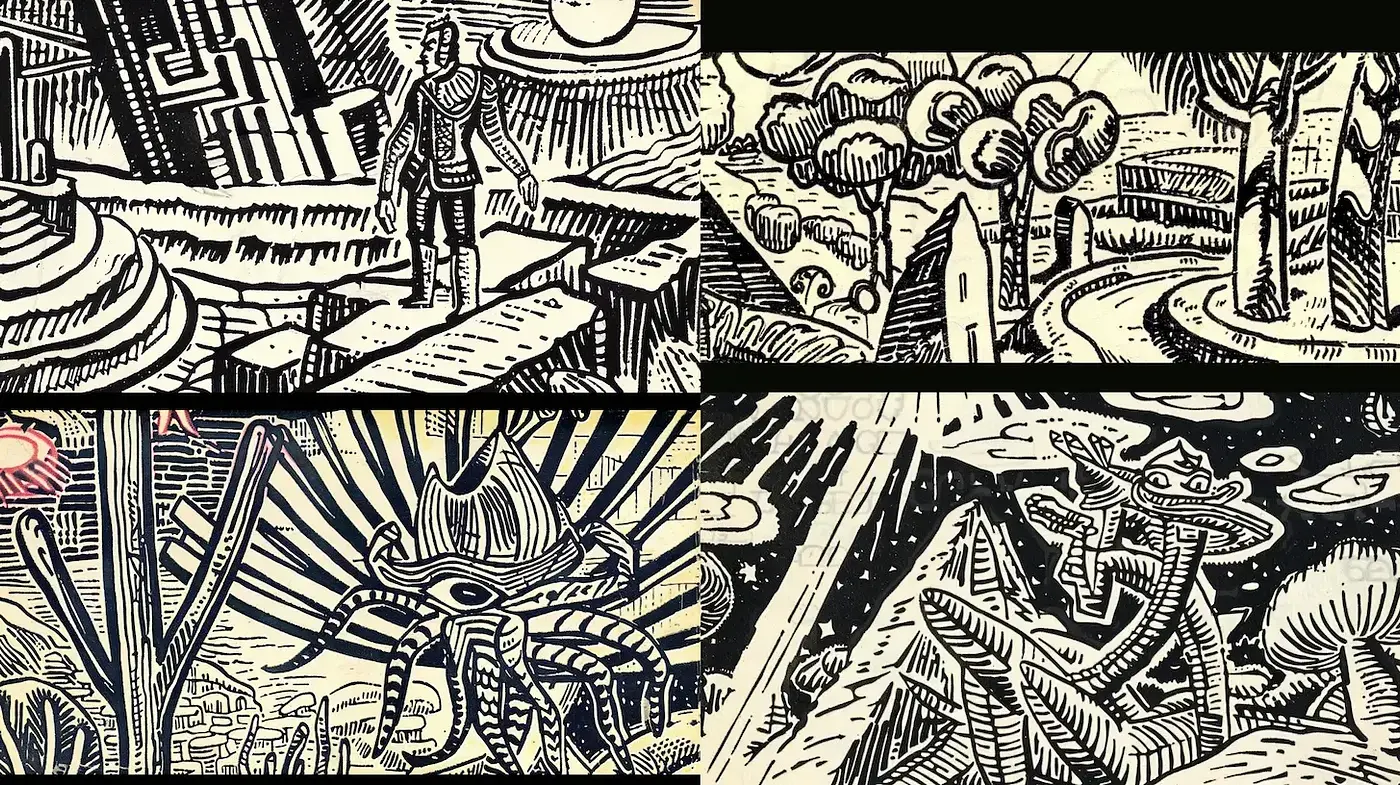 Intricate monochromatic landscapes with a surreal and otherworldly essence - Midjourney sref style