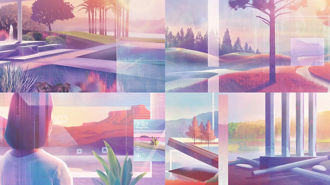 Ethereal Pastel Dreamscape with Digital Geometric Overlays - Midjourney sref style