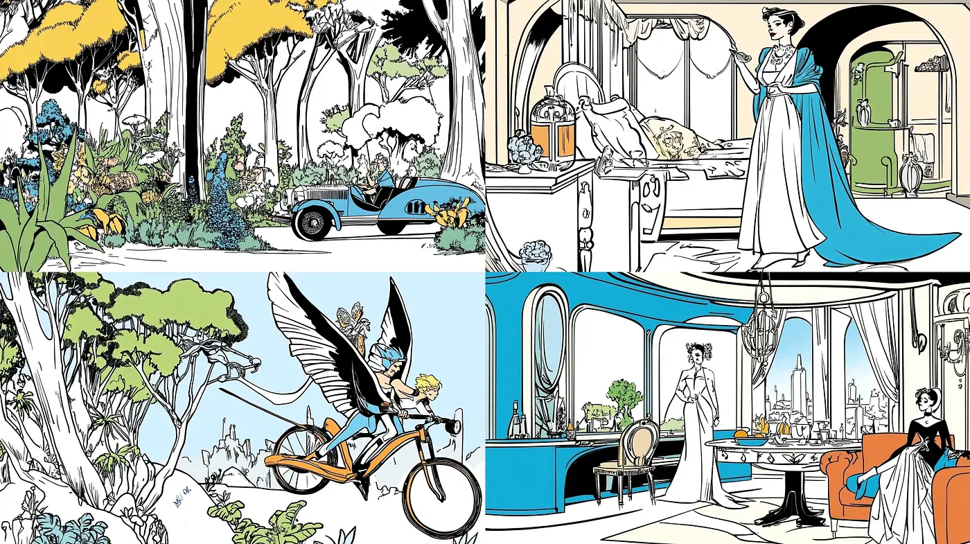 Elegant Retro-Futuristic Comic Style Renderings - Midjourney sref style