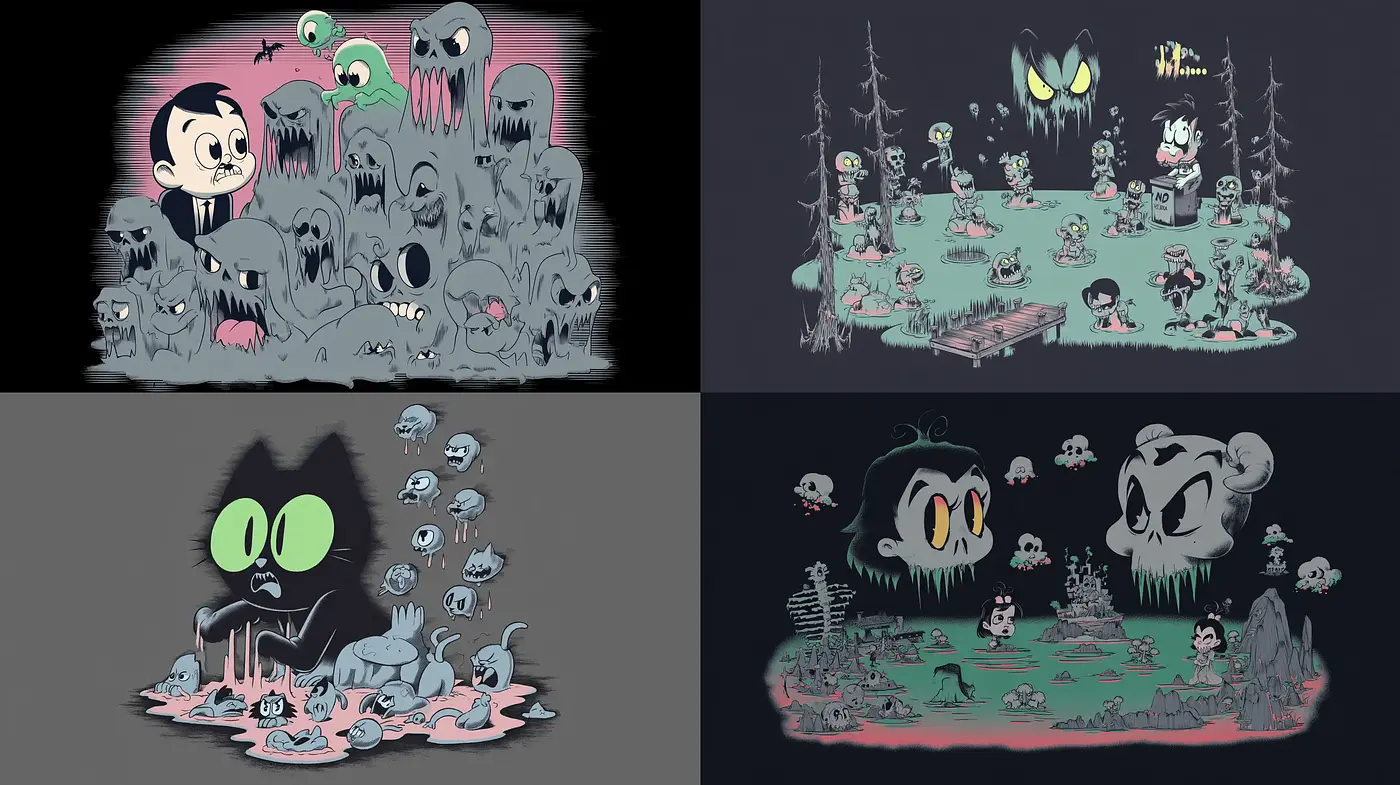 Whimsical Macabre with a Retro Cartoon Aesthetic - Midjourney sref style