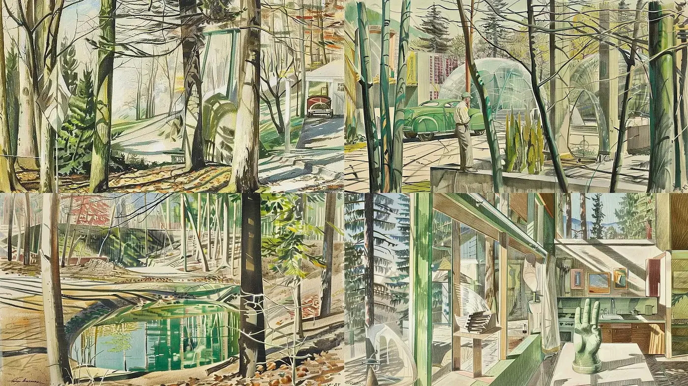 Serene Nature Scenes with Vintage Aesthetics and Mid-Century Influences - Midjourney sref style