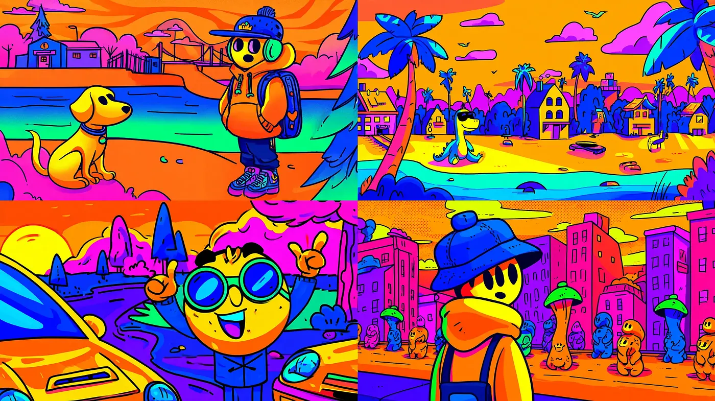 Vibrant, whimsical illustrations with a surreal quality - Midjourney sref style