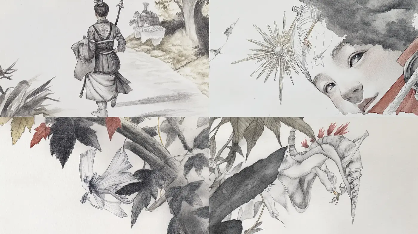 Ink Wash Essence with Subdued Colored Accents - Midjourney sref style