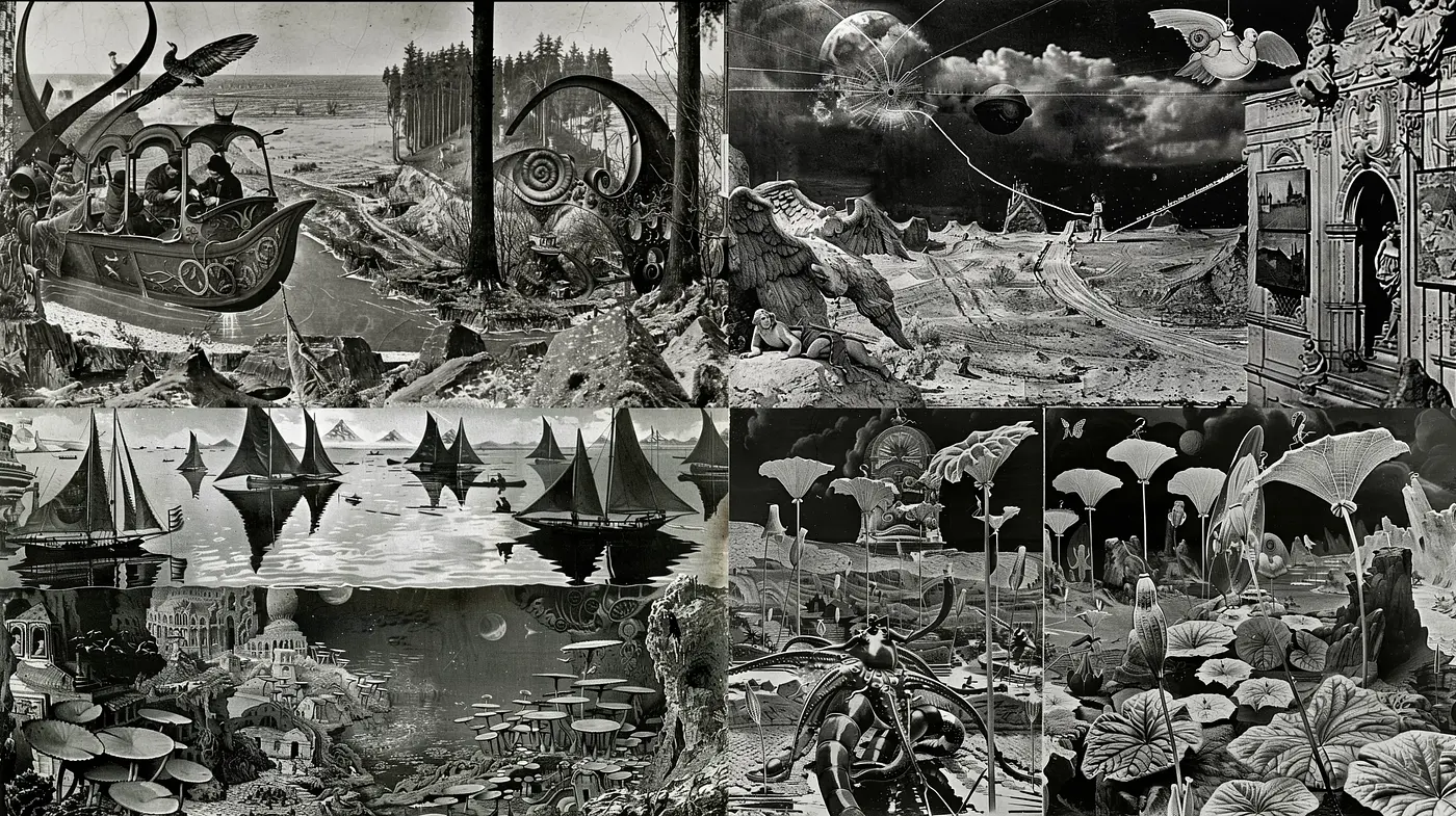 Surreal Dreamscape Montage with Monochromatic Vintage Essence - Midjourney sref style