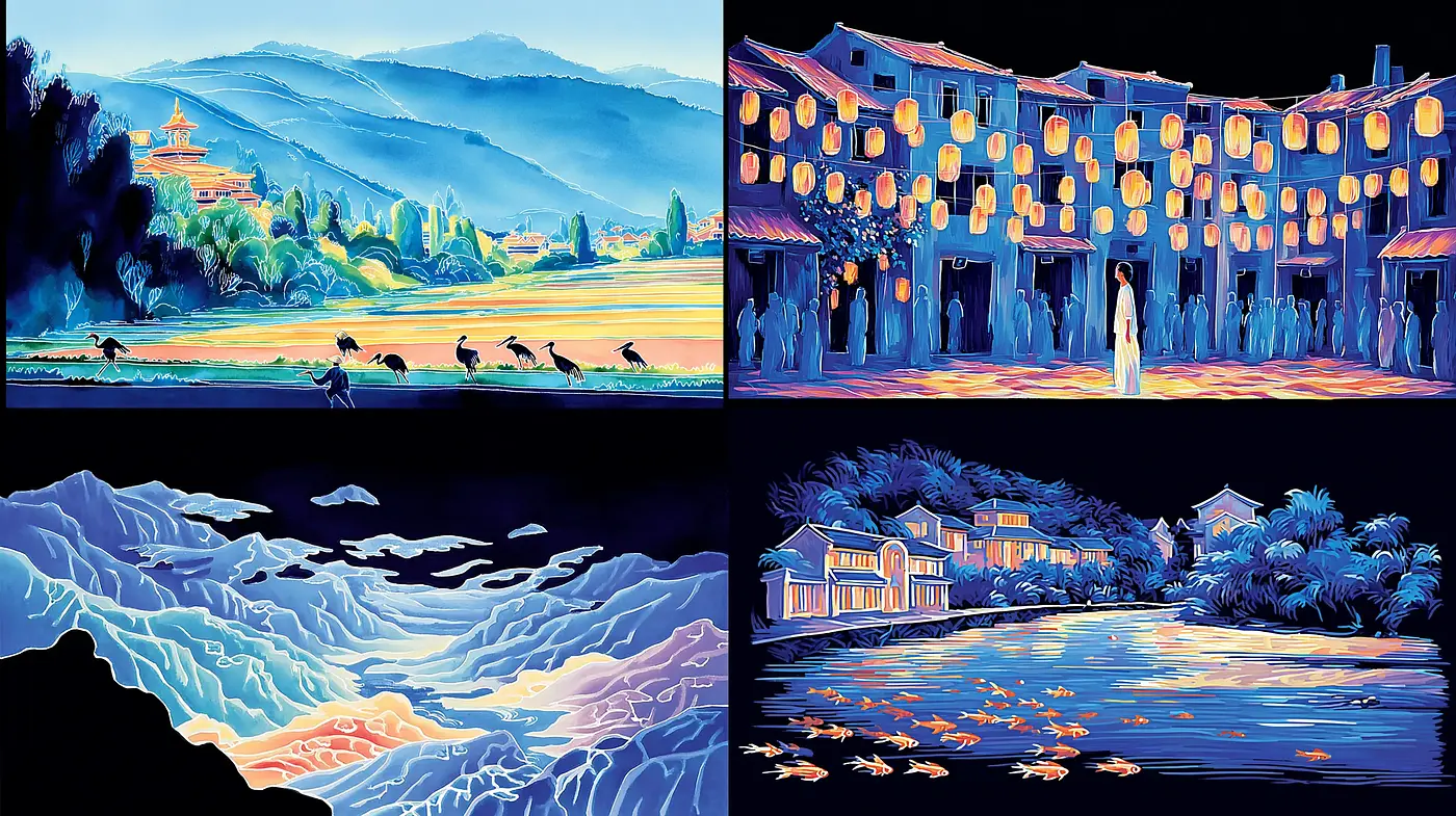 Harmonious interplay of vivid colors and serene landscapes in illustrative art - Midjourney sref style