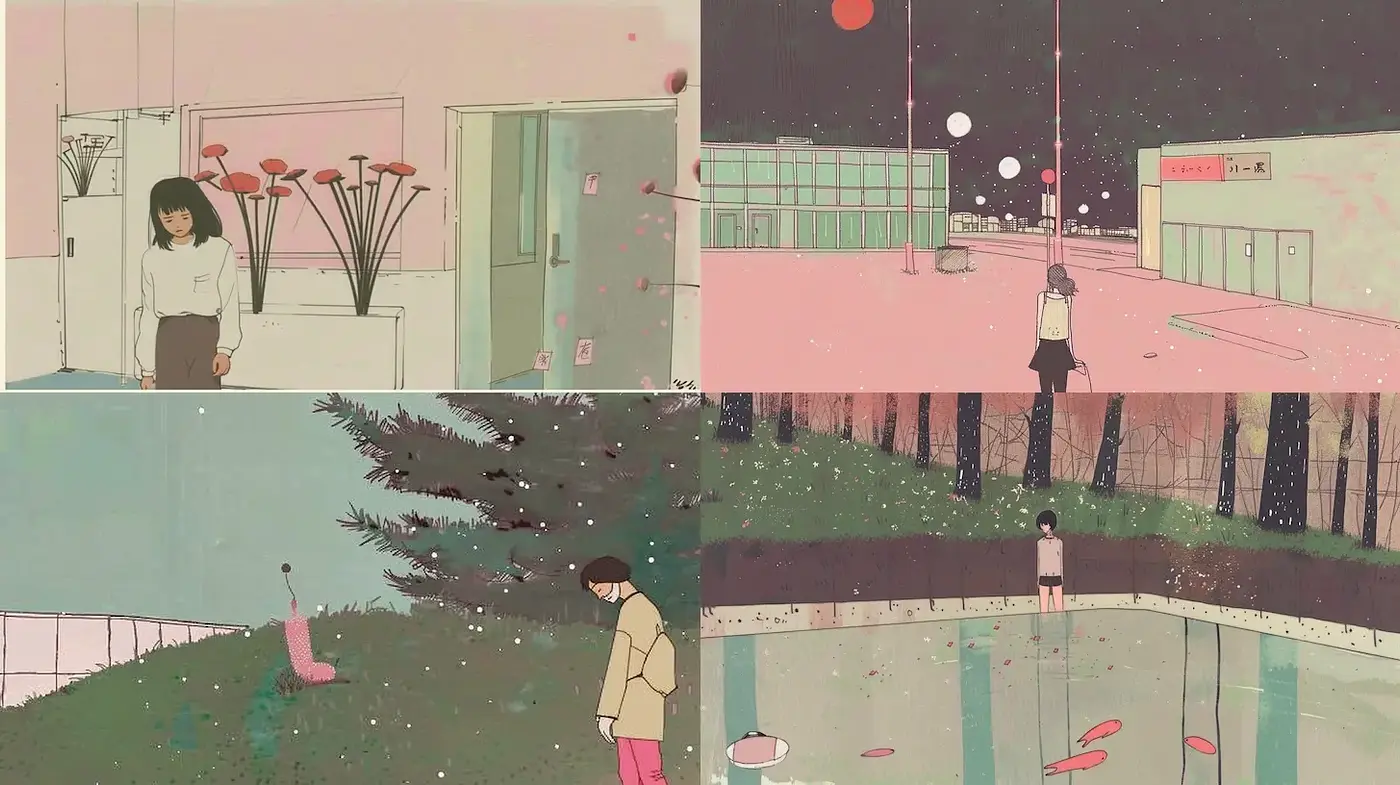 Contemporary whimsical illustration with soft color gradients and dreamy atmospheres - Midjourney sref style