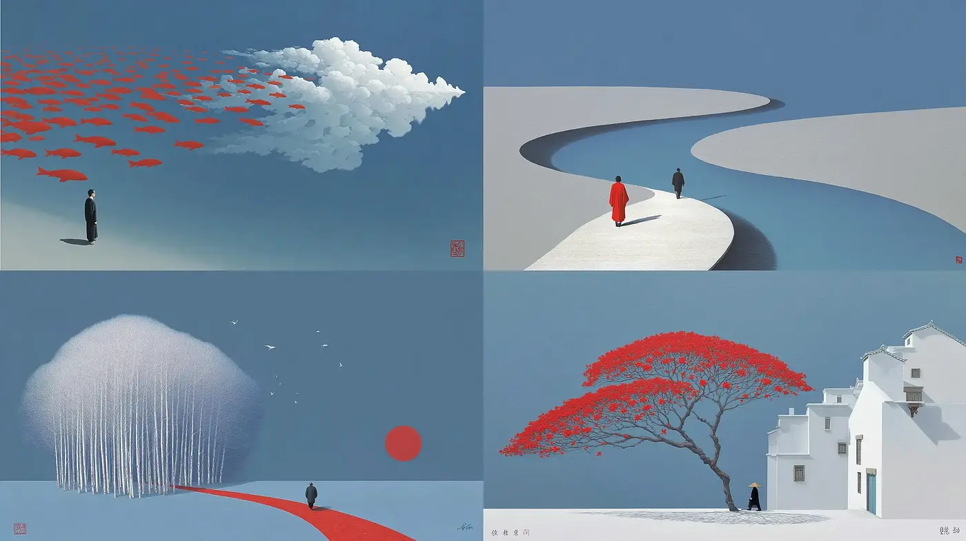Minimalist and Serene Landscapes with a Touch of Surrealism - Midjourney sref style