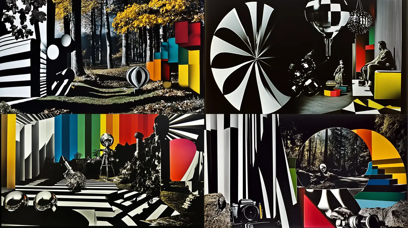 Surreal Geometric Play - A Homage to Optical Art and Vintage Narrative - Midjourney sref style