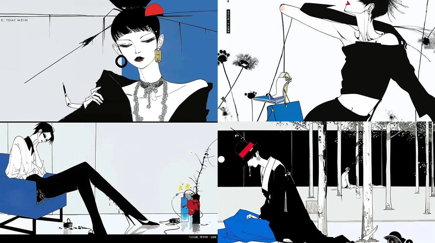 Monochromatic Elegance and Bold Accents in Modern Illustrative Art - Midjourney sref style