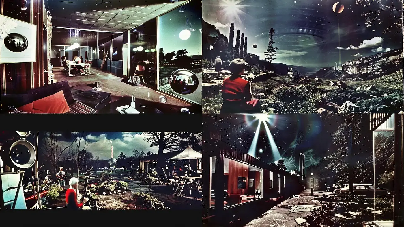 Futuristic Mid-Century Modern with Surreal Elements and a Cosmic Atmosphere - Midjourney sref style