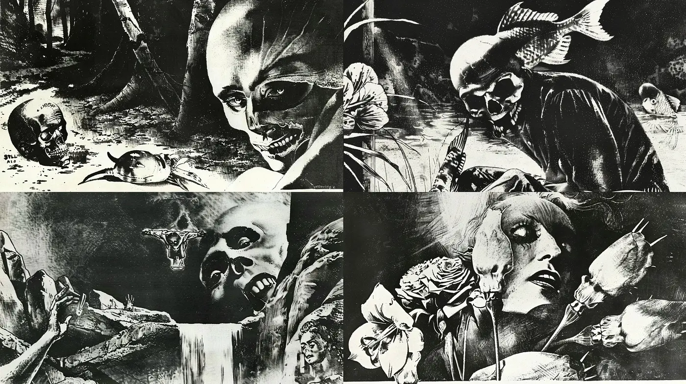 Monochrome Elegy: A Fusion of Gothic Sensibilities with Engraved Artistry - Midjourney sref style