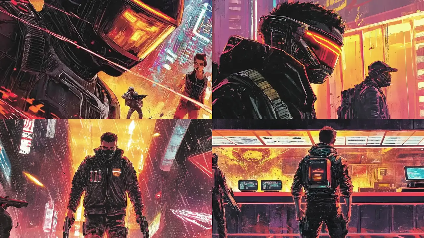 Futuristic Neon-Noir Visual Synthesis - Midjourney sref style