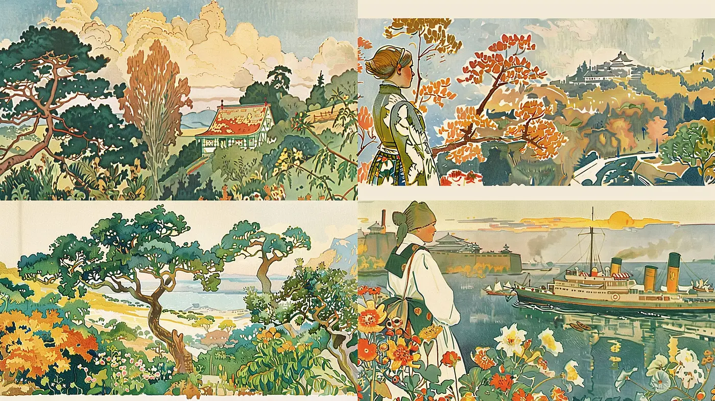 Harmonious Edo-Inspired Pastoral Serenity: A Retro Fusion of Japanese Woodblock Prints and Impressionist Textures - Midjourney sref style