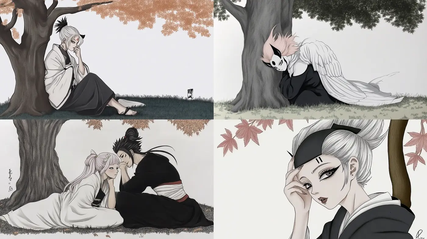 Serene Monochromatic Manga-Inspired Visions with Autumnal Touches - Midjourney sref style