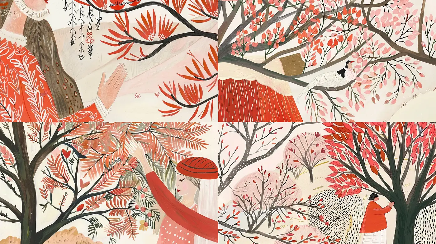 Whimsical Arboreal Canvas: A Folkloric Fusion of Nature and Dreamlike Tones - Midjourney sref style
