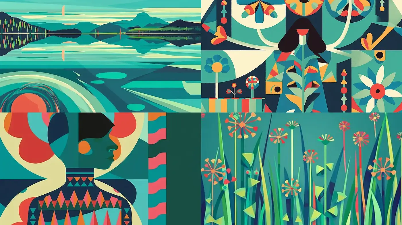 Vibrant, Geometric Floral and Figurative Composition with a Modern Retro Vibe - Midjourney sref style