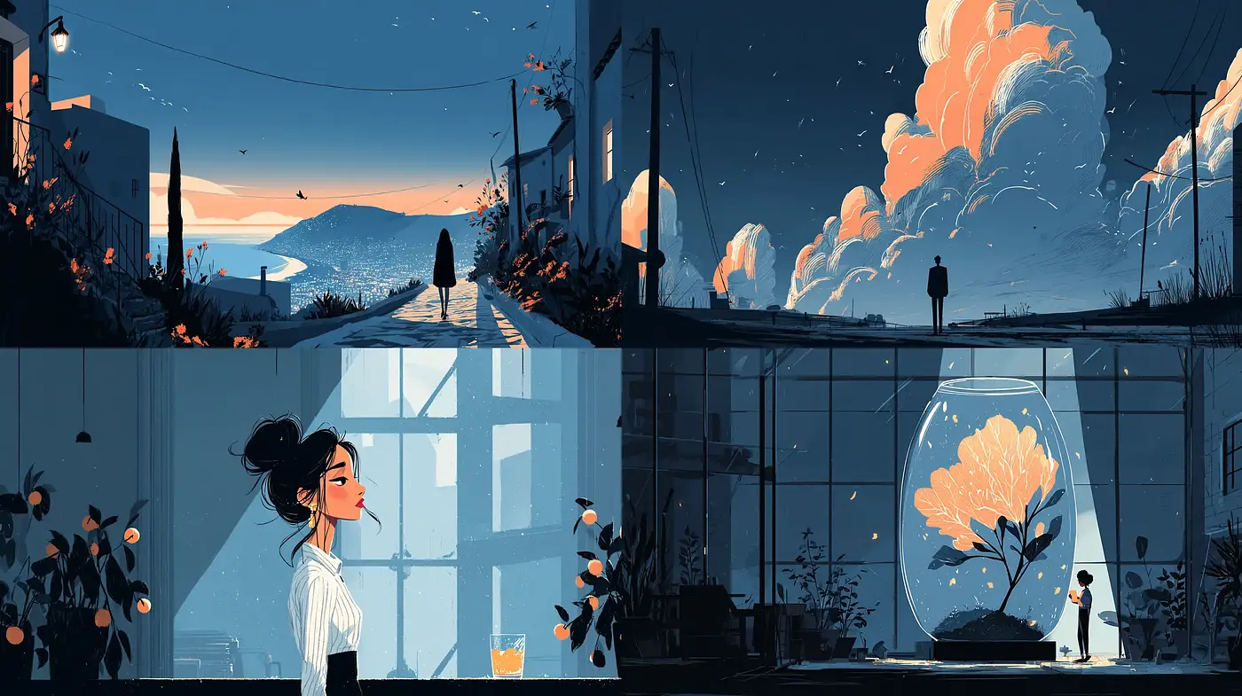 Whimsical and Dreamlike Illustrations with a Contemplative Atmosphere - Midjourney sref style