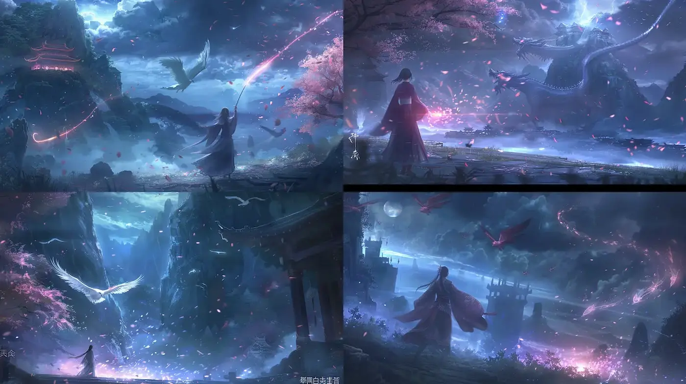 Enigmatic fantasy landscapes with ethereal elements and mystical creatures - Midjourney sref style