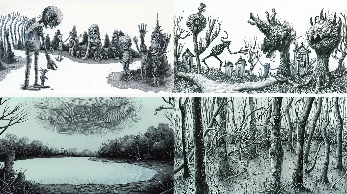 Whimsical Monochromatic Dreamscape Illustrations - Midjourney sref style