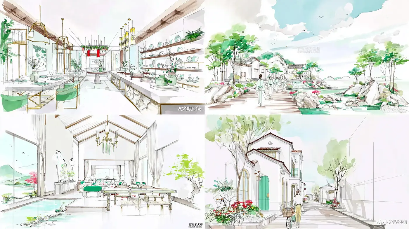Serene and Modern Minimalist Architectural Illustrations with Floral Elements - Midjourney sref style